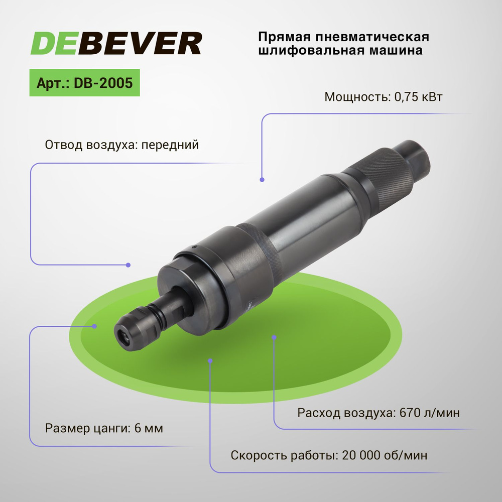 Прямая шлифовальная машина пневматическая с зажимной цангой 6 мм (Debever)