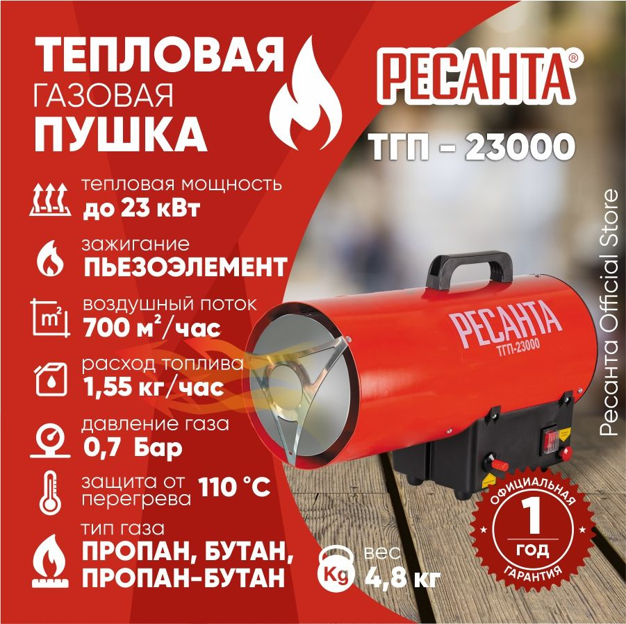 Тепловая газовая пушка ТГП-23000 Ресанта / 700 м3/ч, мощность 23 кВт /  тепловентилятор / обогреватель