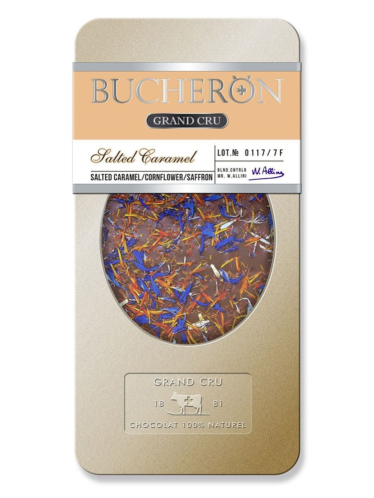 Шоколад Bucheron GRAND CRU молочный с соленой карамелью, шафраном и лепестками василька, 100 г  #1