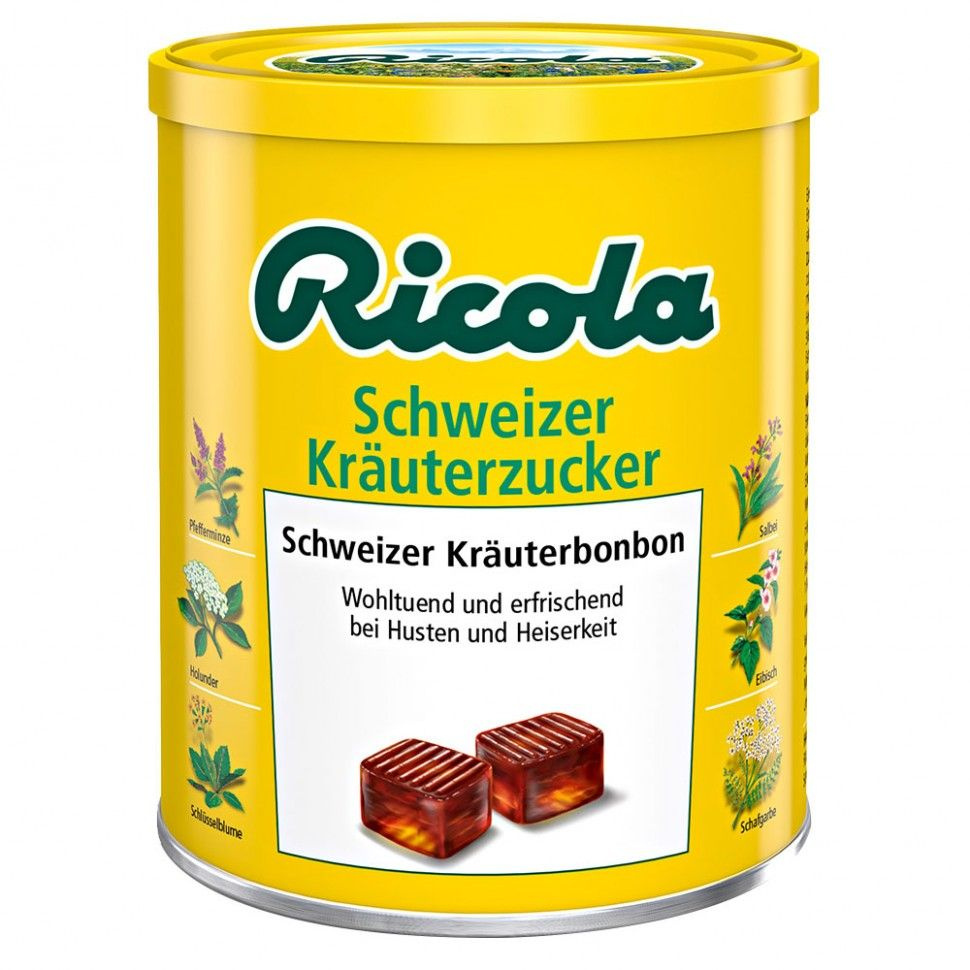 Ricola (Рикола) Schweizer Krauterzucker mit Zucker Швейцарские травяные  леденцы с сахаром, при кашле и охриплости голоса, 250г, 1 банка - купить с  доставкой по выгодным ценам в интернет-магазине OZON (837401259)