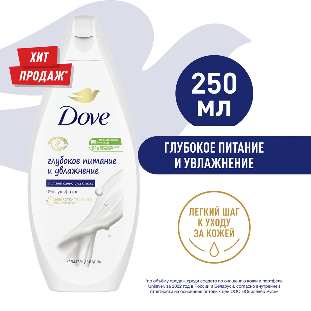 DOVE бессульфатный крем-гель для душа Глубокое питание и увлажнение 250 ...