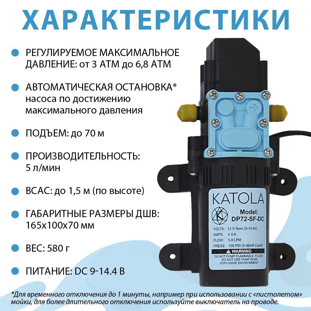 Насос помпа высокого давления KATOLA DP72-SF-DC всасывающий 12В с  выключателем, БЕЗ БЛОКА ПИТАНИЯ