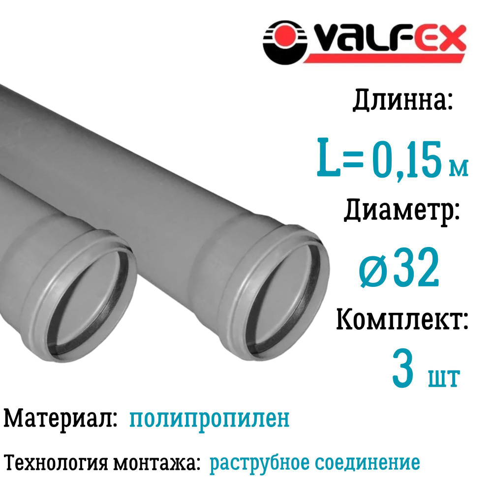 Труба BASE для внутренней канализации VALFEX Ф32 длина 0,15 м (комплект 3 шт)  #1