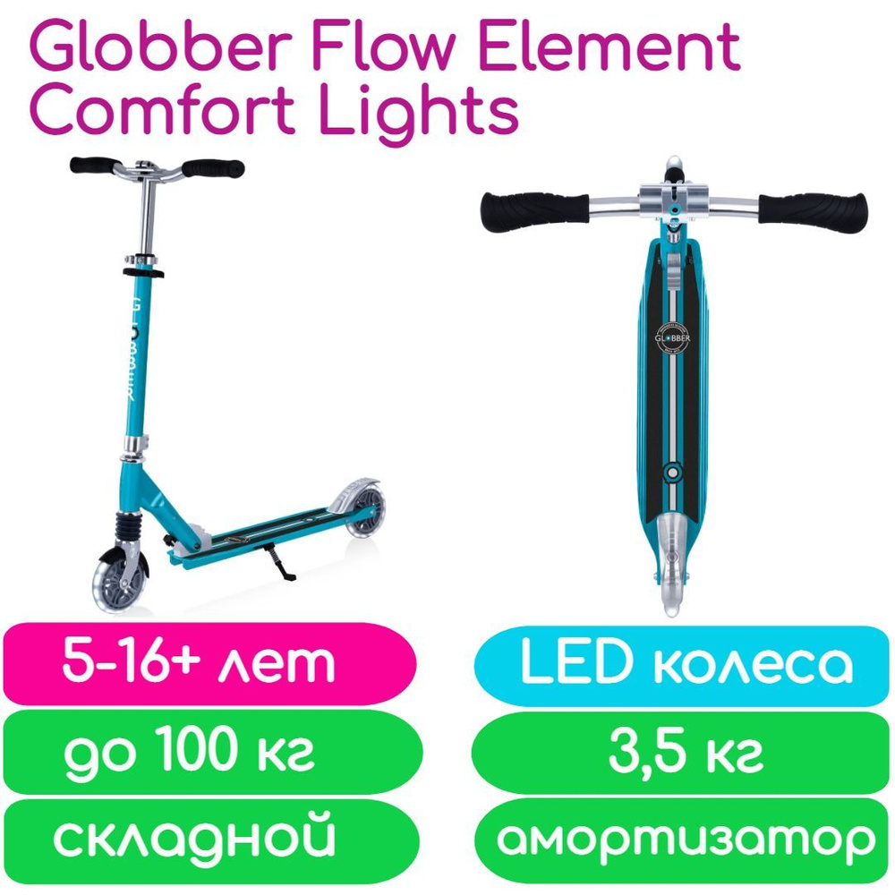 Cамокат Globber Flow Element Comfort Lights голубой (727-301) с LED колесами и амортизатором  #1