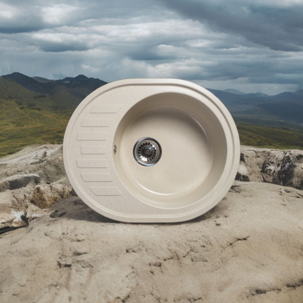 Мойка / раковина кухонная из мрамора, врезная с сифоном в комплекте, 16 ...