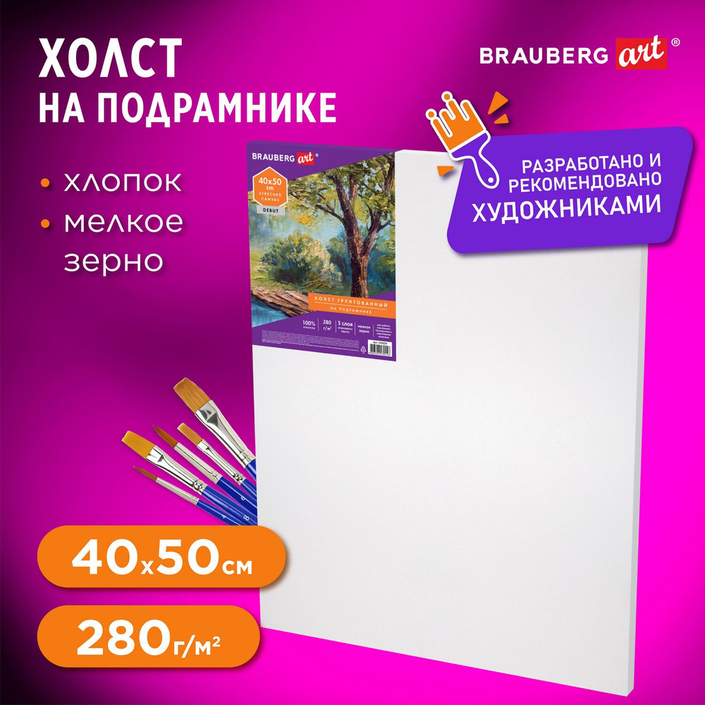 Холст/полотно на подрамнике для рисования из 100% хлопка, 40х50 см,  грунтованный, мелкое зерно, для работы масляными, акриловыми и темперными  красками, Brauberg ART Debut - купить с доставкой по выгодным ценам в  интернет-магазине