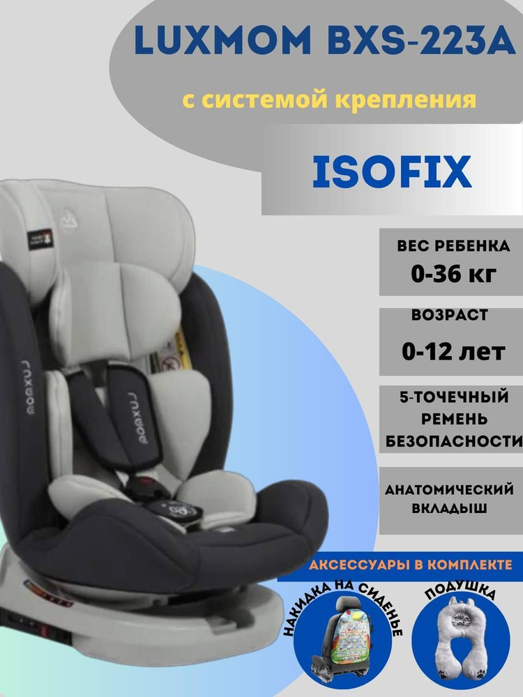 Автокресло Luxmom BXS 223A, isofix 0-36 кг, 0-12 лет, серый с накидкой на сиденье и дорожной подушкой #1