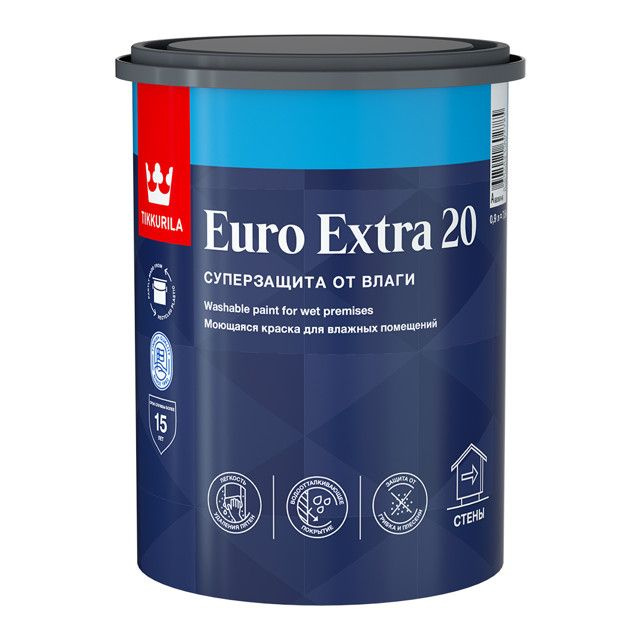 Краска акриловая tikkurila euro extra 20 база а для стен и потолков 0,9л белая, арт.700001105, Полуматовое #1