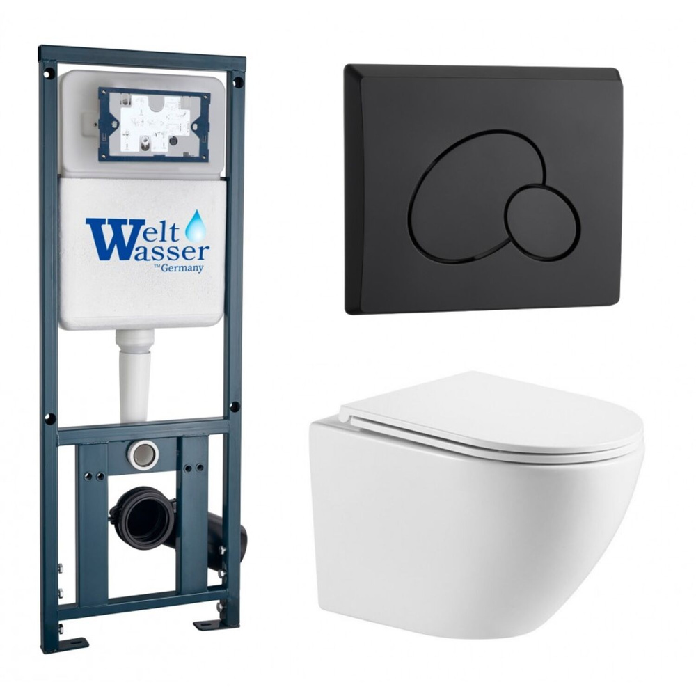 Комплект: Weltwasser Инсталляция Mar 410+Кнопка Mar 410 RD MT-BL черная+Merzbach 043 GL-WT белый унитаз #1