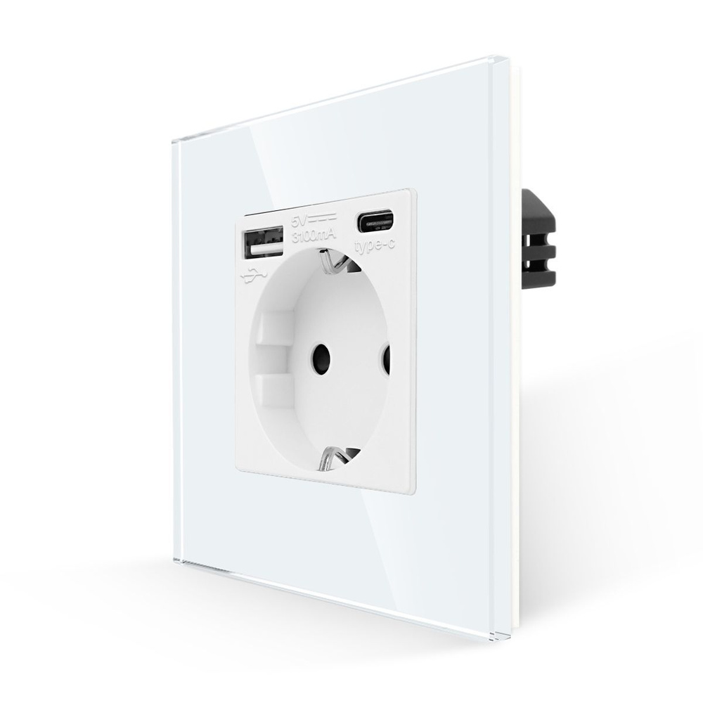 Розетка электрическая одинарная с USB и type-C входами рамка стекло ...