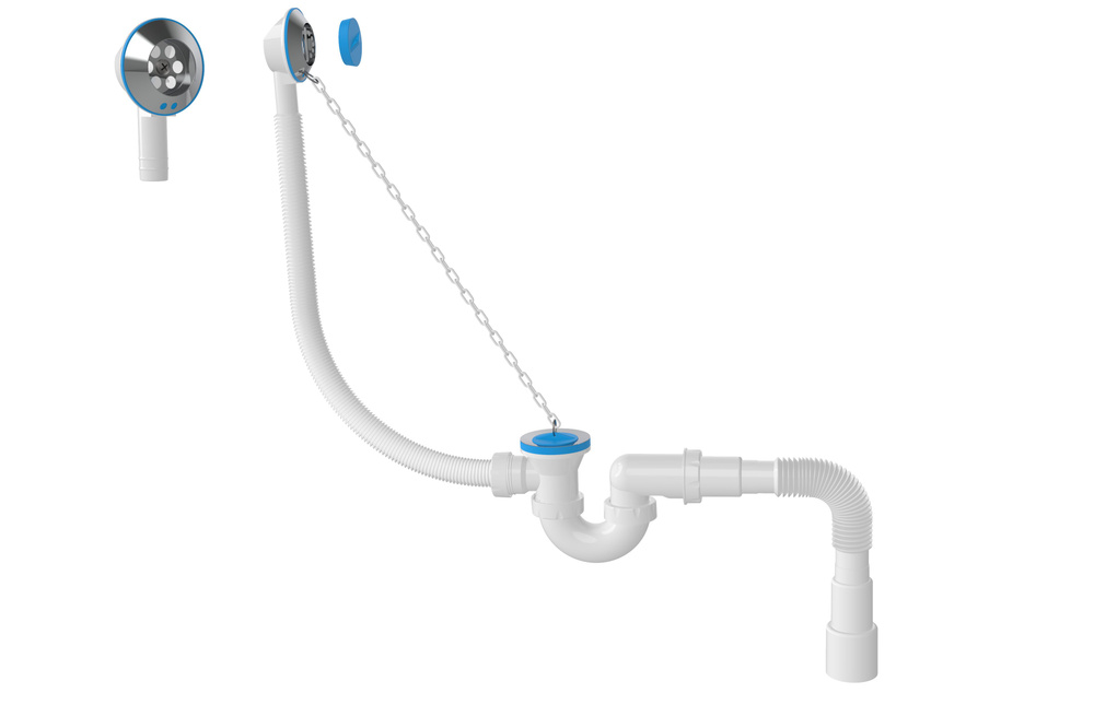 Сифон для ванны U-образный,выпуск 70мм, с пластмассовой цепочкой,выход гибкая труба 1 1/2- 40/50  #1
