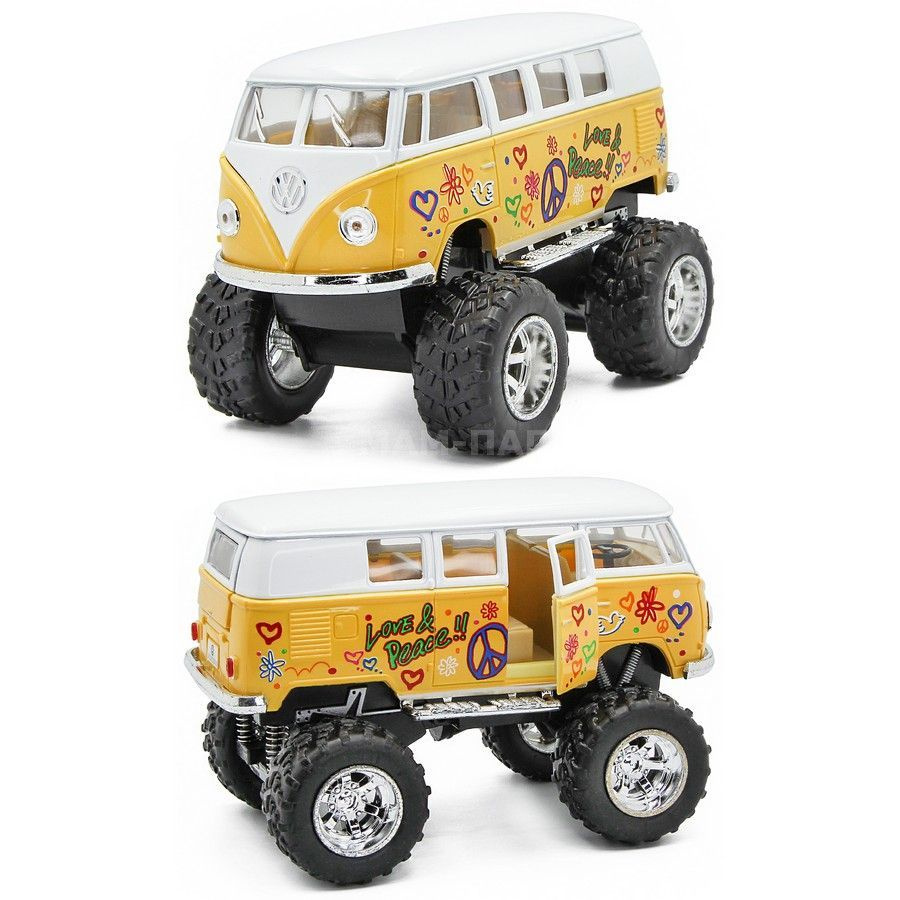 Машинка металлическая Kinsmart 1:32 1962 Volkswagen Classical Bus Off Road  (Фольцваген Автобус Внедорожник Офф Роуд) 5060DFBKT инерционная, двери  открываются / Желтый с принтом Love & Peace - купить с доставкой по выгодным