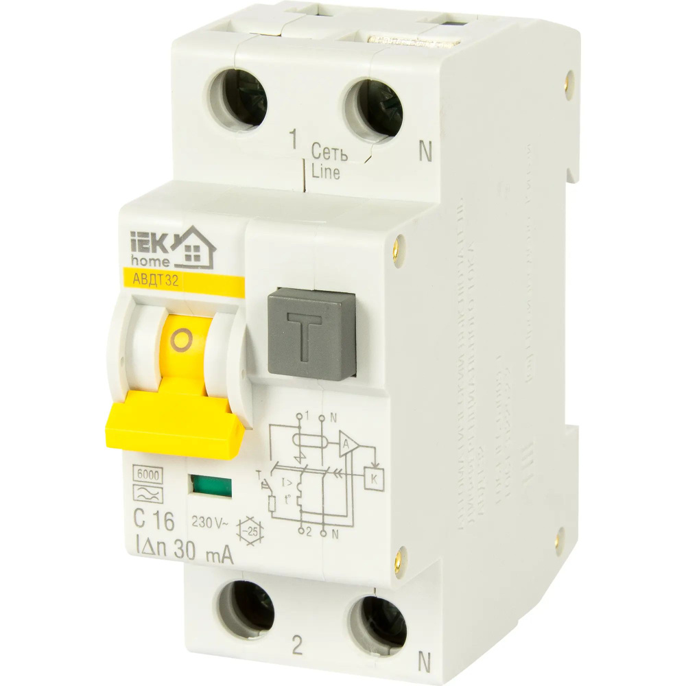 Дифференциальный автомат IEK Home 1P N C16 А 30 мА 6 кА АС MAD22-5-016 ...