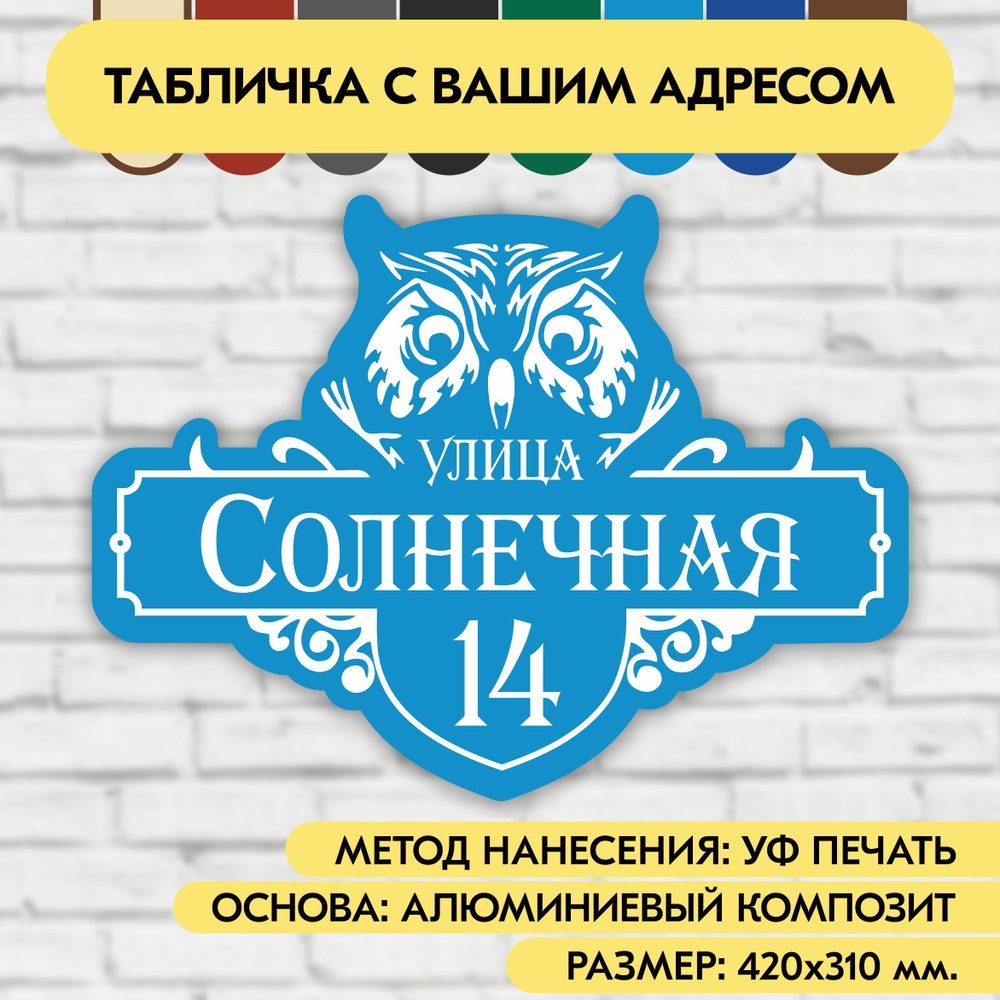 Адресная табличка на дом 420х310 мм. "Домовой знак Сова", голубая, из алюминиевого композита, УФ печать #1