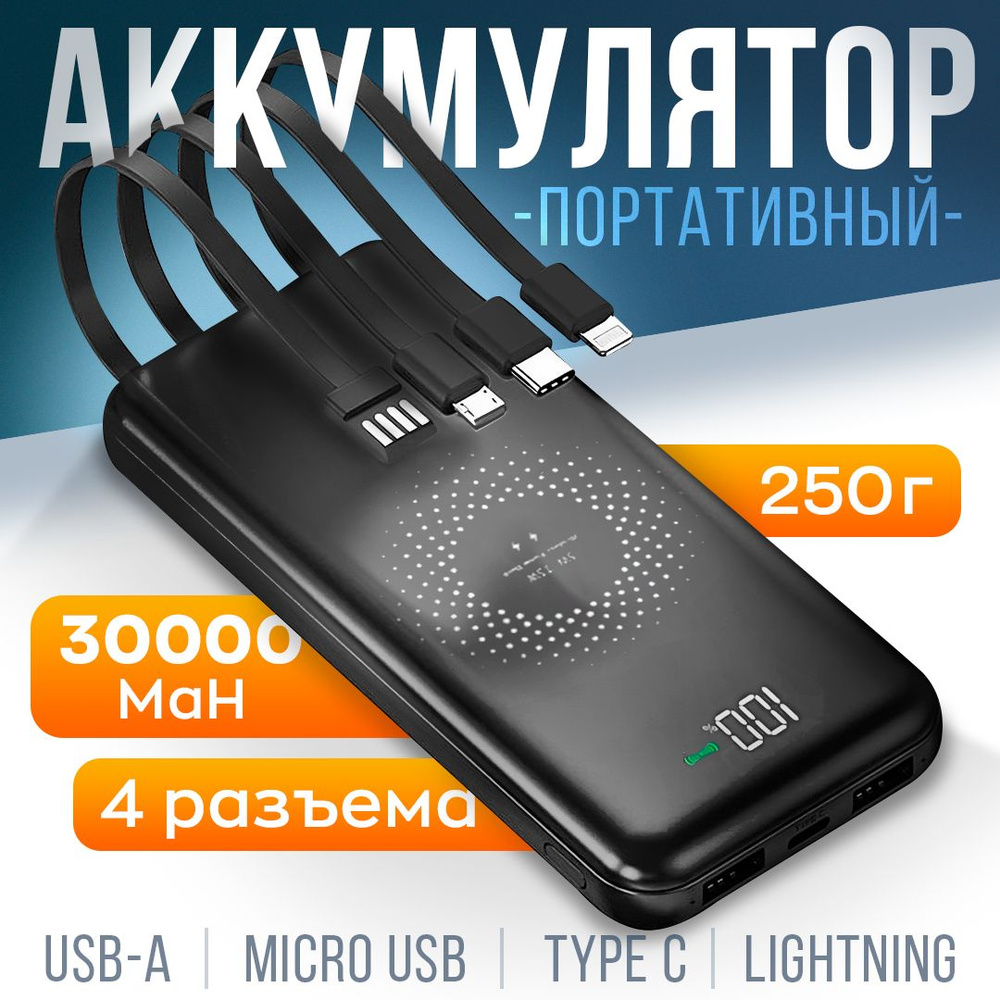 Повербанк 30000 mah MINIFest Powerbank (внешний аккумулятор) пауэрбанк для  телефона Usb , Lightning , Type-C , Micro usb, зарядное устройство