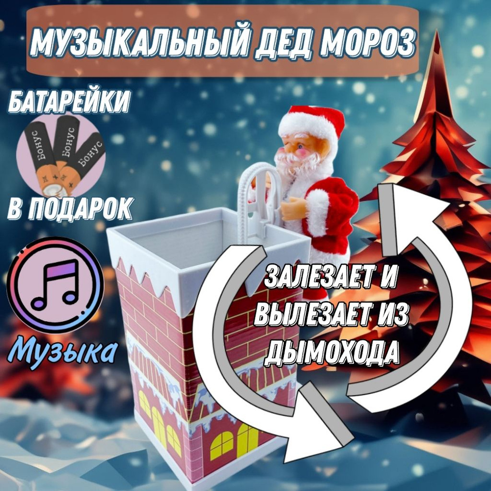 A.G.Home Игрушка под елку, Музыкальный Дед Мороз в трубе, интерактивная  игрушка, высота 21см, длина 12 см