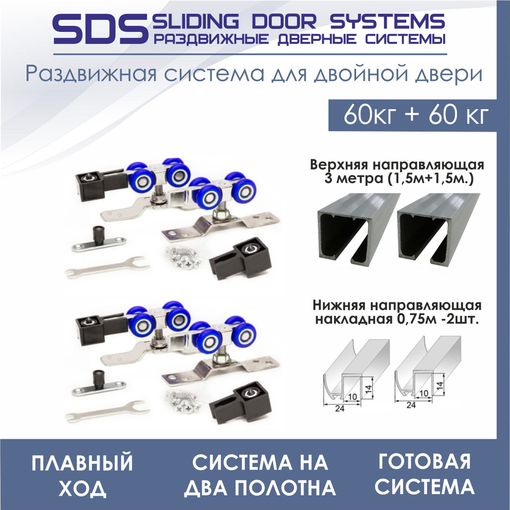 Раздвижная система для двухстворчатой двери SDS R3/N/3000 DOUBLE (2 комплекта роликов SDS R3 + верхняя #1