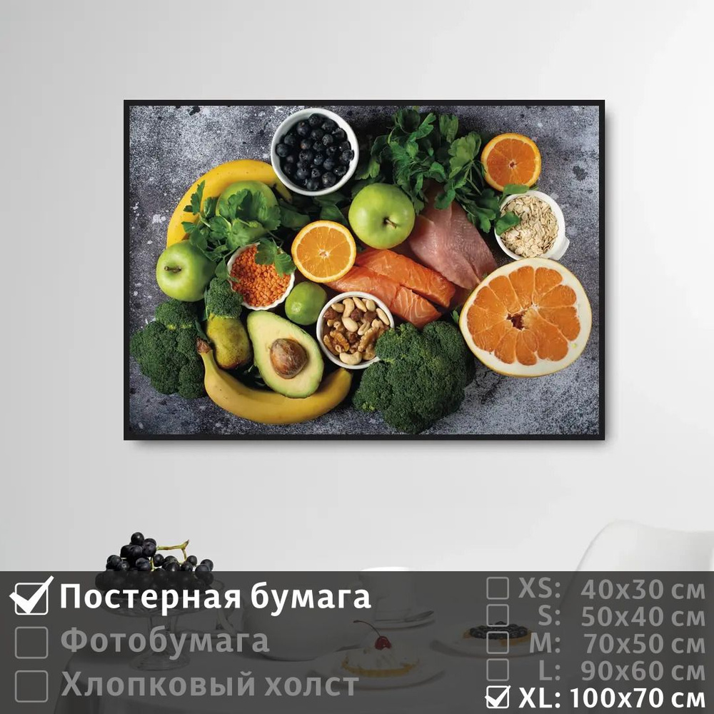 Постер на стену Натюрморт Овощи Зелень Фрукты 100х70 см ПолиЦентр #1