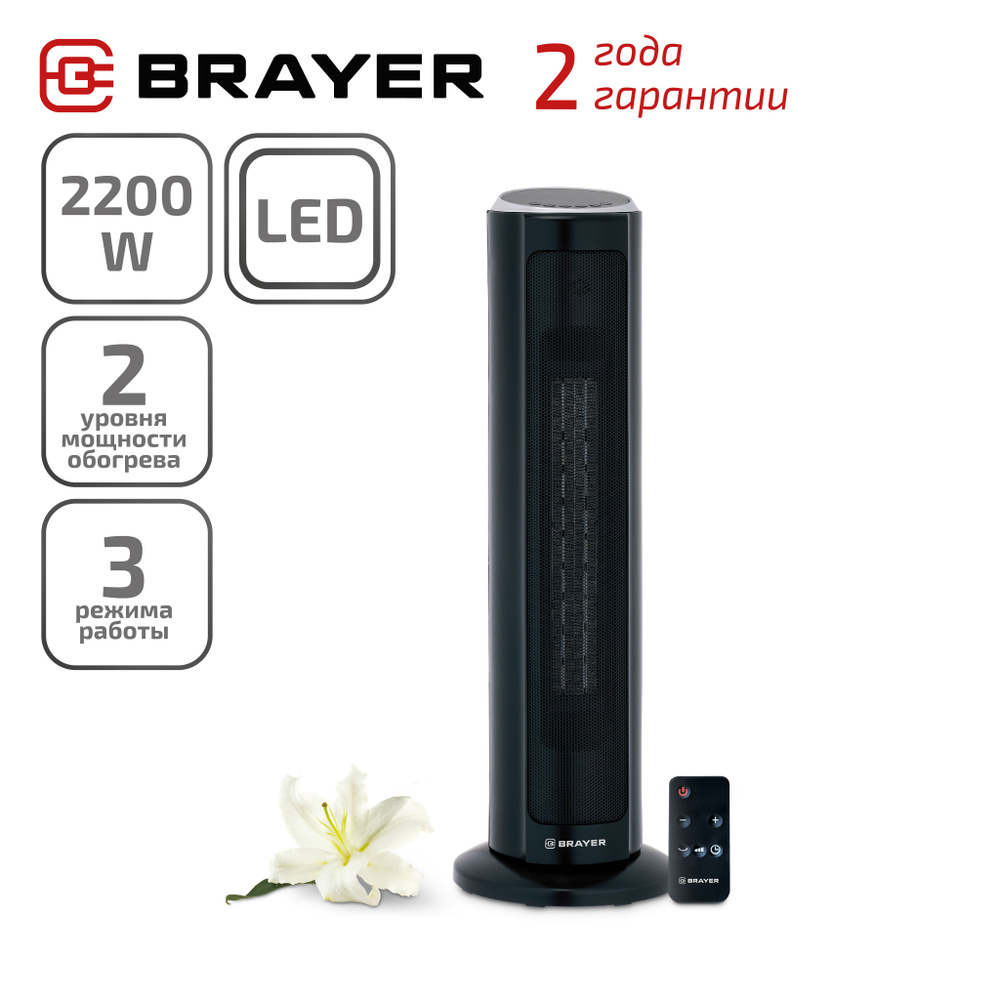 Тепловентилятор BRAYER BR4803, 2200 Вт, LED-дисплей, таймер 12 ч, 20 кв.м,  пульт ДУ, вращ корп. 35