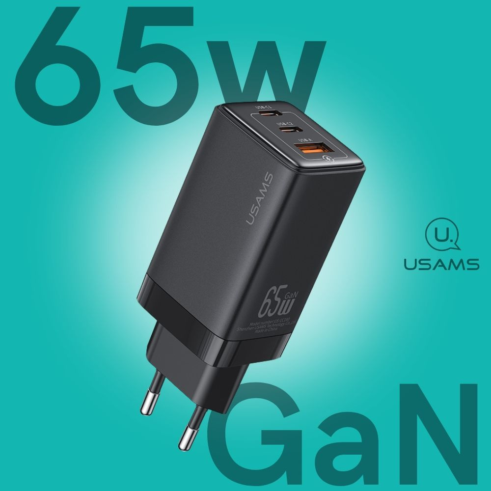 Сетевое зарядное устройство USAMS / GaN зарядка 65w USB-A и Type-C x2 /  блок питания для телефона, ноутбука, планшета