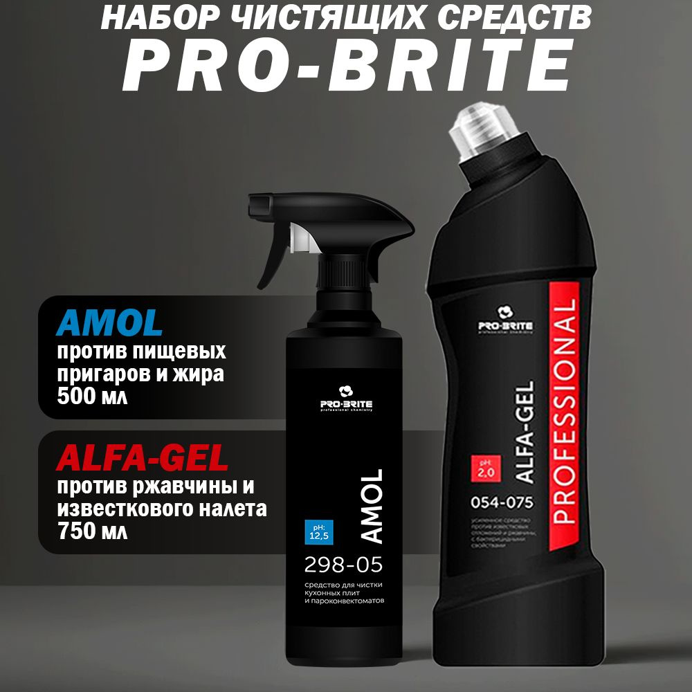 Набор высокоэффективных средств PRO-BRITE для уборки дома, ALFA-GEL 750 мл  против ржавчины и известковых отложений + AMOL 500мл антижир для кухни.