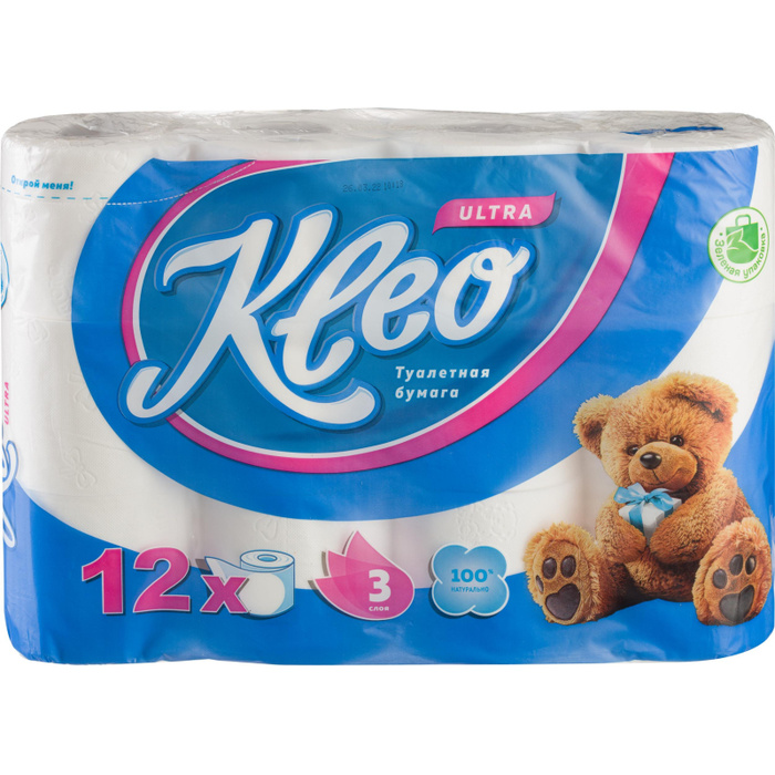 Бумага туалетная Kleo 3сл бел 100%цел втул 18м 144л 12рул/уп С-185 ...