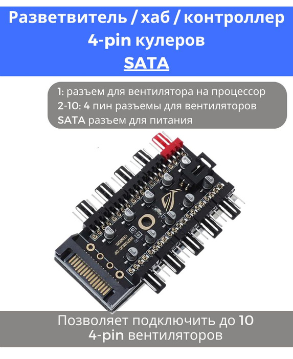 Хаб контроллер для вентиляторов 4 пин 10 канальный SATA PWM 300 ватт ...