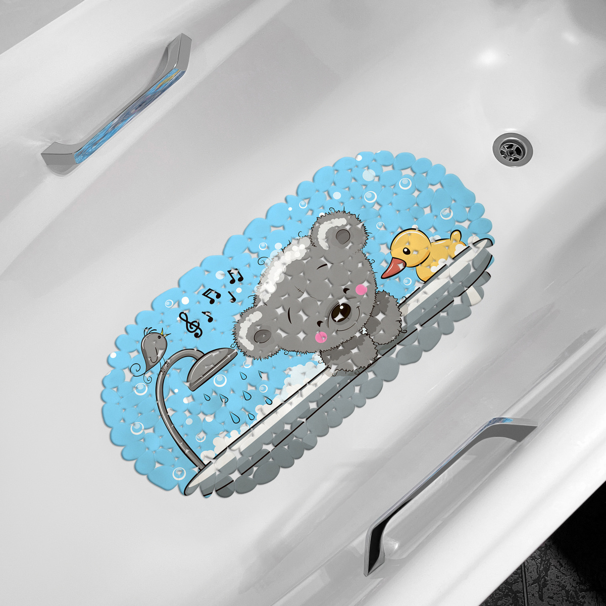 Коврик противоскользящий для ванны детский "ВЕСЁЛОЕ КУПАНИЕ" 36х69 см. с присосками голубой для мальчика - Мишка в ванне ВИЛИНА