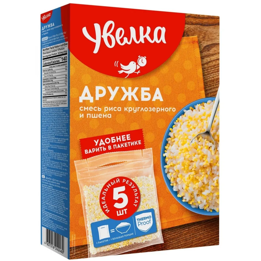 Смесь круп Увелка Дружба рис круглозерный и пшено в пакетиках для варки 5 шт х, комплект: 12 упаковок по 400 г, 5 шт, 400 г, фото 2