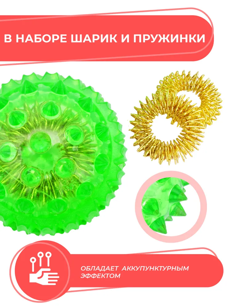 Массажный шарик с шипами Су-Джок . Можно использовать как массажер для рук и ног с двумя кольцевыми пружинами для развитие мелкой моторики ., вариант, фото 6