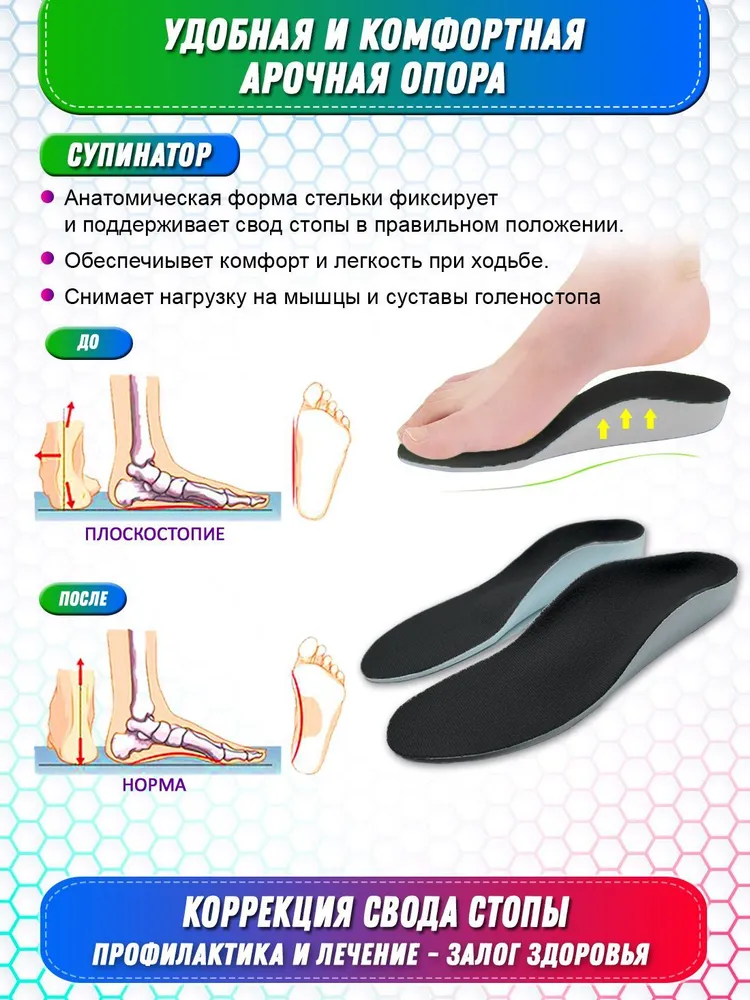 Стельки ортопедические Super Feet, Размер 41 (26,5см) С супинатором, Анатомические каркасные стельки для детей и взрослых, мужские и женские, При вальгус и плоскостопии, пяточной шпоре и др, 26,5см, Размер 41, фото 4