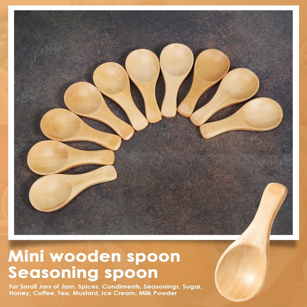 Короткая ручка 10 пакетов маленькой деревянной ложки, идеально подходящей для небольших баночек с вареньем, специями, приправами, приправами, сахаром, кофе, чаем, сухим молоком, вариант, фото 4