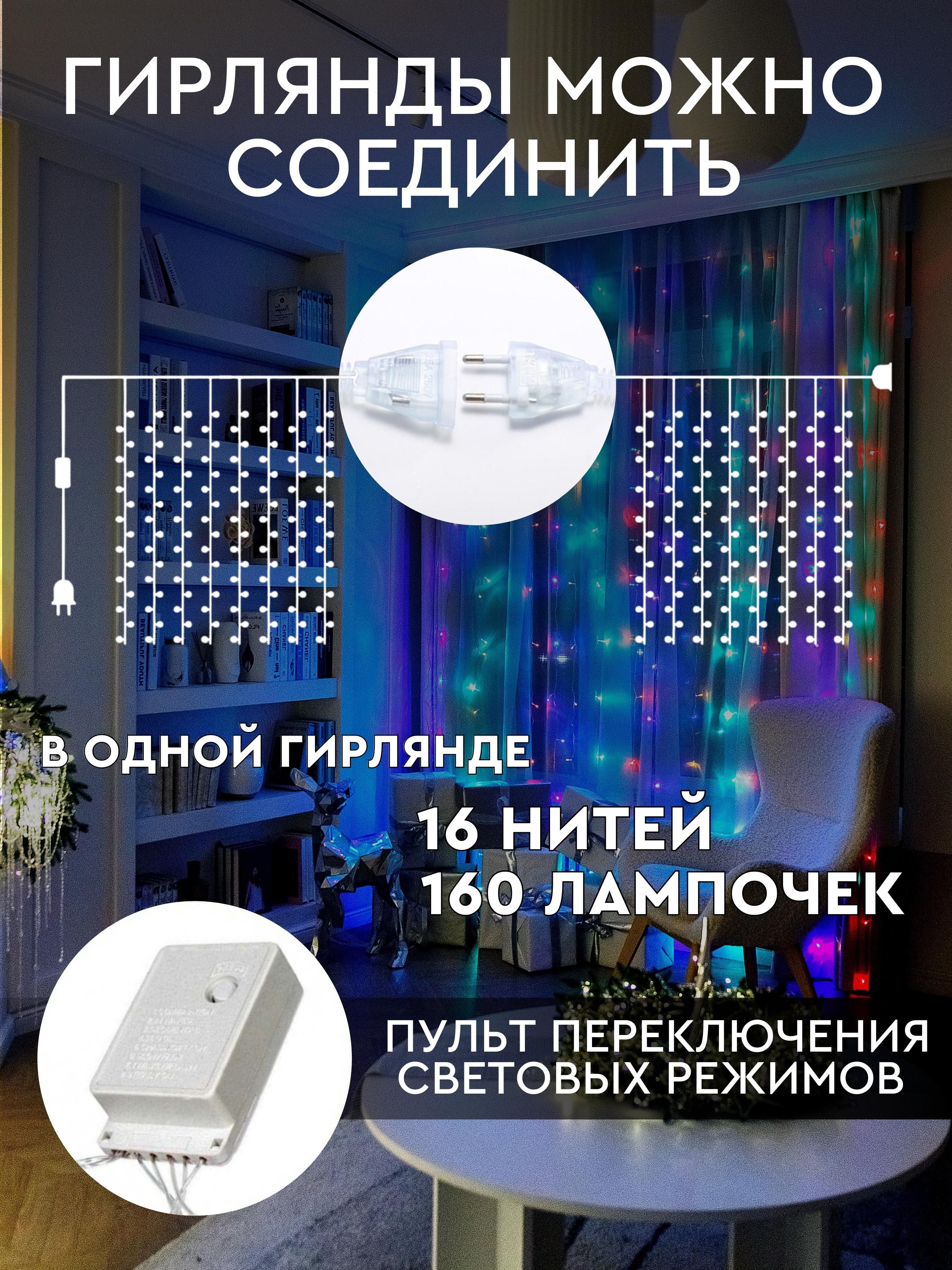 Гирлянда штора занавес новогодние украшения 3х2 разноцветная - купить ...