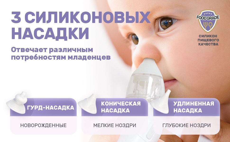 Электрический назальный аспиратор для ребенка, 3 различных сопла для ...