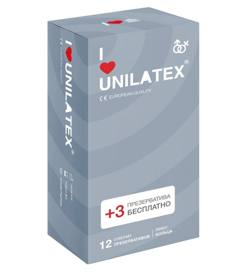 Презервативы с рёбрами Unilatex Ribbed - 12 шт. + 3 шт. в подарок ...
