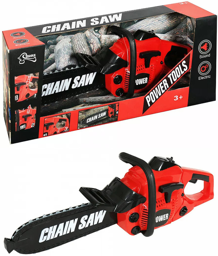 Детская бензопила T1461 Chainsaw, Tegole, звук мотора, вращение цепи,  строительный инструмент, 39х14х11 см