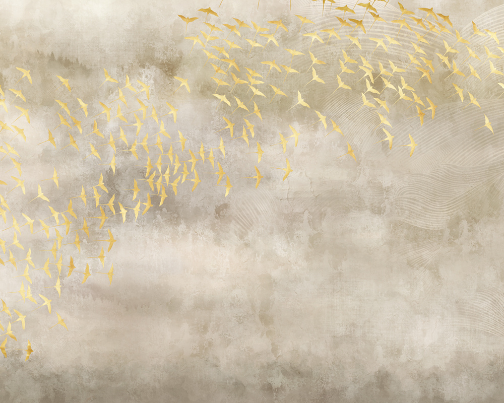 Фотообои флизелиновые на стену 3д GrandPik 52423 Лофт "Стая золотых птиц" (ШхВ), 350х280 см  #1
