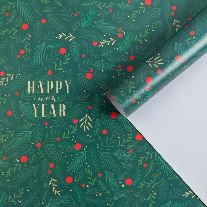Новогодняя упаковочная бумага для подарков Новогодняя Ветви с ягодами 1 лист/ 70смх100см/ Подарочная #1