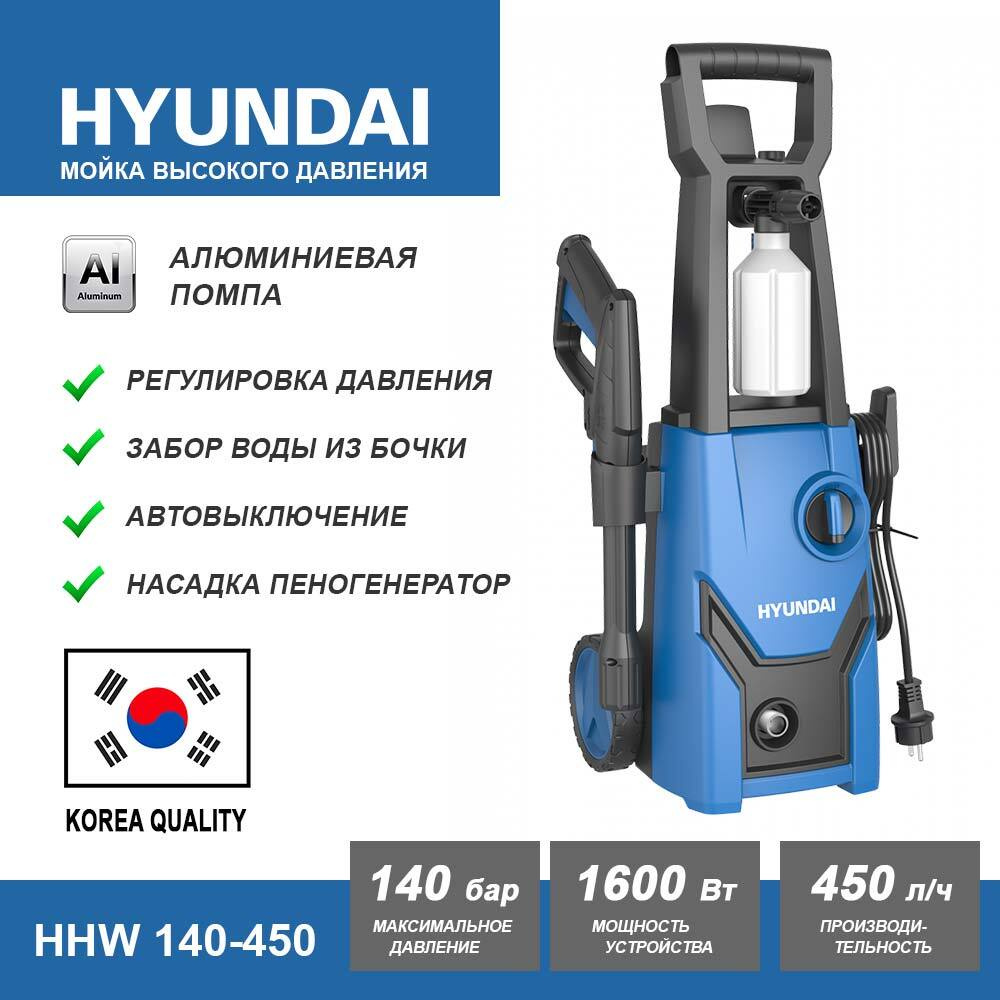 Мойка высокого давления Hyundai HHW 140-450 (140 бар, 450 л/ч, 1600 Вт, 6  кг, шланг 5 м, кабель 5 м) для мытья авто, для дачи и сада