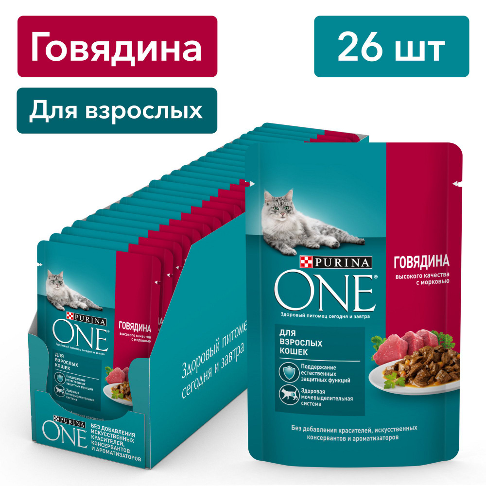 Влажный корм для кошек Purina ONE Housecat, при домашнем образе жизни, с говядиной и морковью, 26 шт #1