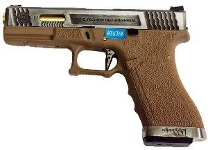 Пистолет WE GLOCK-17 G-Force металл слайд, TAN рамка, хром слайд, золоченый ствол  #1