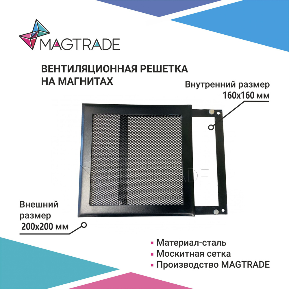 Вентиляционная решетка на магнитах 200х200 мм. (РП200 сетка), металлическая, черная матовая решетка. #1