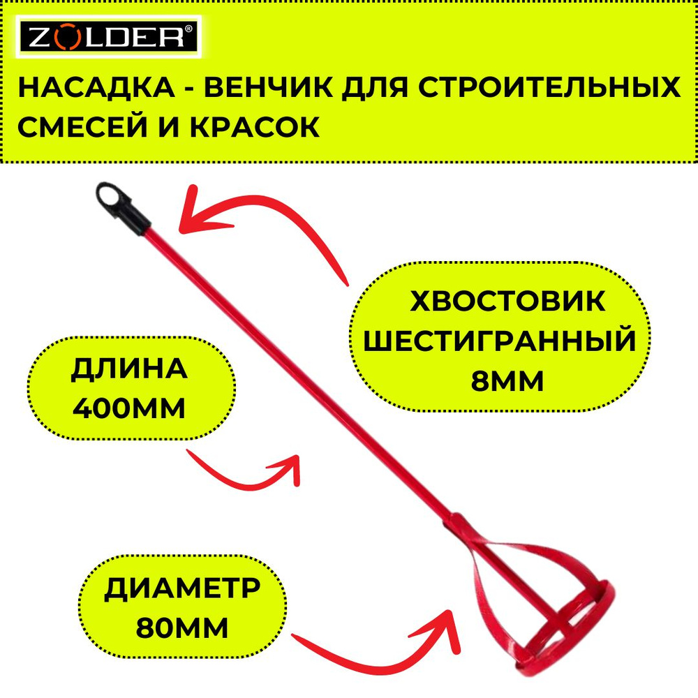 Миксер-насадка для краски и строительных смесей Zolder окрашенная 80х400мм  #1