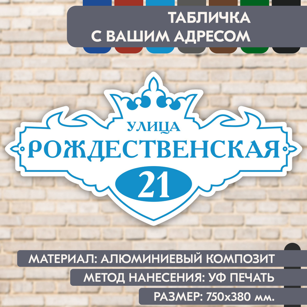 Адресная табличка на дом "Домовой знак" бело-голубая, 750х380 мм., из алюминиевого композита, УФ печать #1