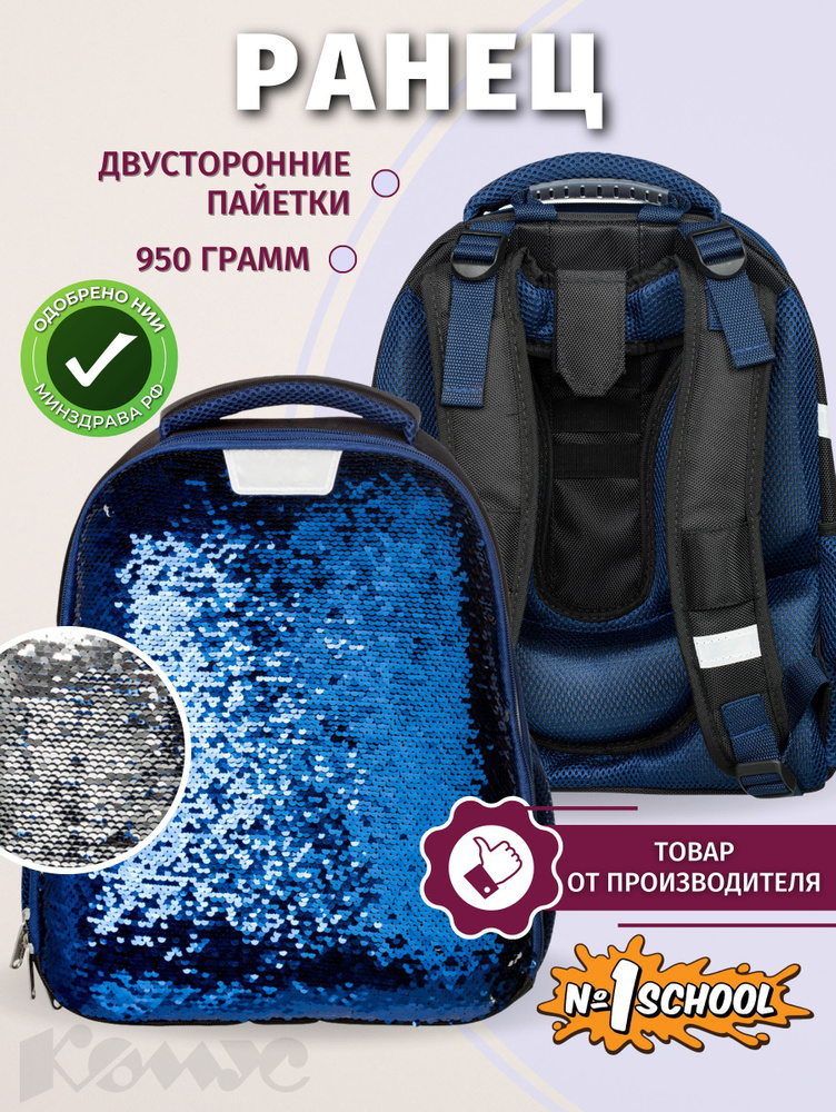 Ранец школьный Комус Класс Sparkle Blue, анатомический, 2 отделения, 4 кармана  #1