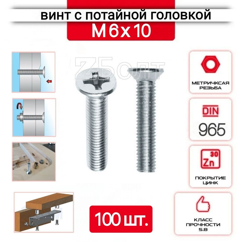 Винт с потайной головкой М6х10, DIN 965, оцинкованный, 100 шт. #1