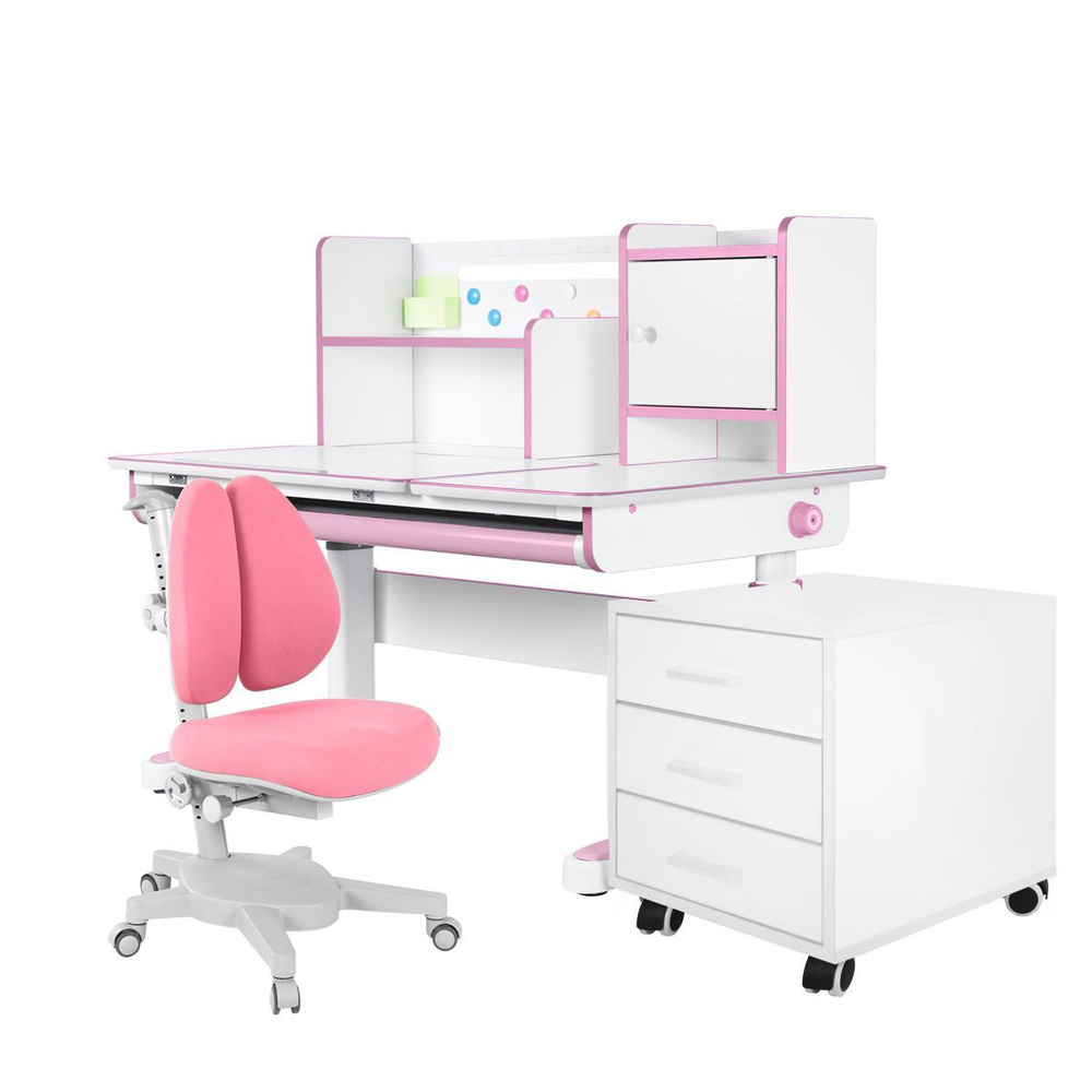Комплект Anatomica Premium Granda Plus парта + кресло + тумба + надстройка + органайзер белый/розовый #1