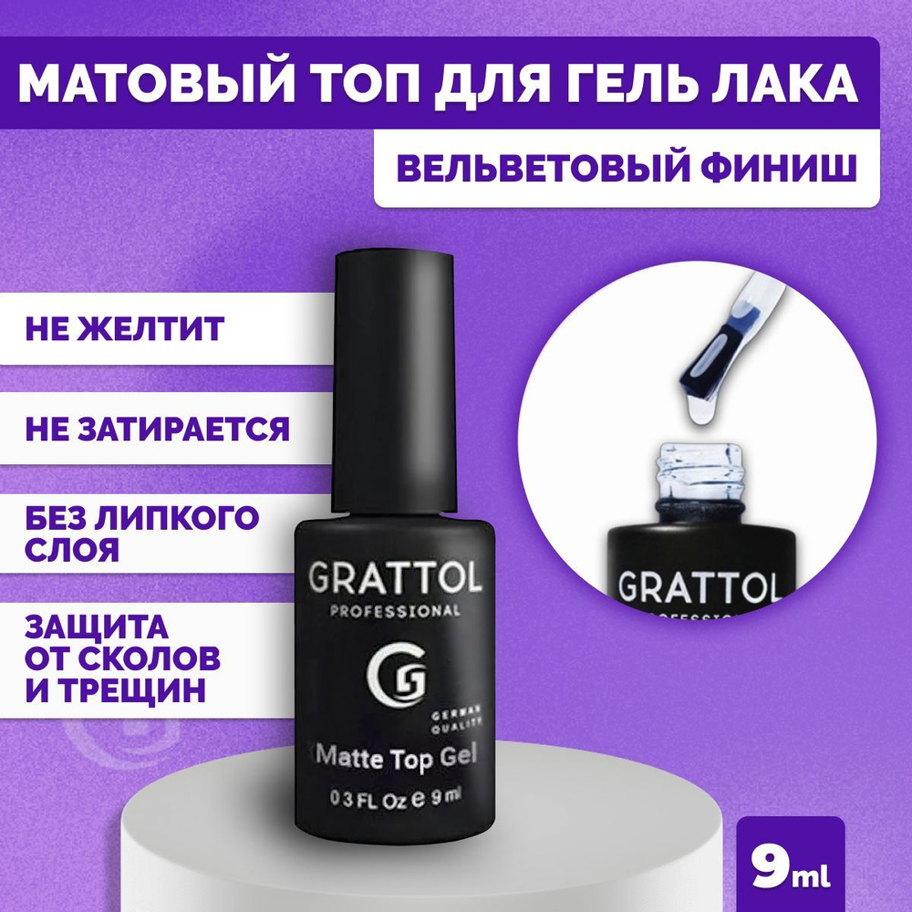 Grattol Матовое топовое покрытие без липкого слоя Matte Top Gel Velvet, 9 мл  #1