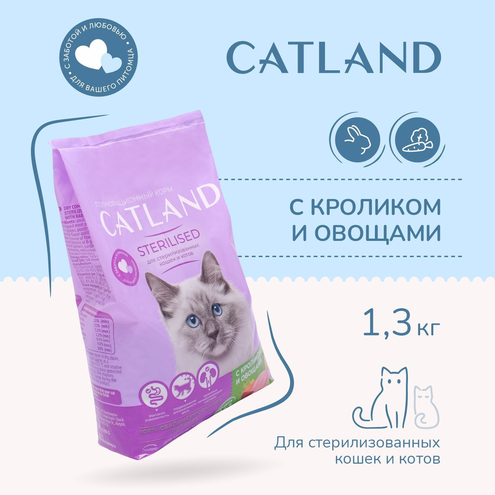 Сухой корм для стерилизованных кошек Catland Sterilised, с кроликом и  овощами, 1,3 кг - купить с доставкой по выгодным ценам в интернет-магазине  OZON (646695391)