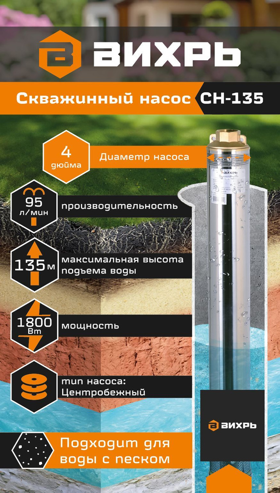 Скважинный насос ВИХРЬ СН-135 (1800 Вт, напор 135м, 95 л/мин) -  .
